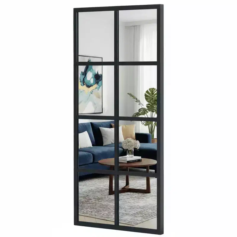 Miroir mural minimaliste JIONJOY avec cadre en métal noir, miroir décoratif de style fenêtre, miroir d'entrée incassable
