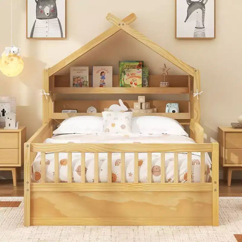 Lit cabane en bois ModernLuxe (taille lit simple/double) avec tête de lit de rangement, cadre de lit pour enfants en pin massif avec barrières de sécurité