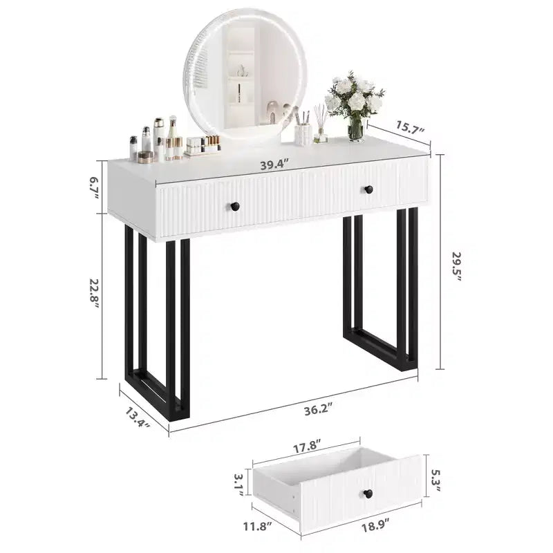 Coiffeuse GustoWave avec miroir et lumières, Petite coiffeuse de maquillage avec tiroirs, Organisateur de coiffeuse moderne avec 3 couleurs de lumière, Table de maquillage
