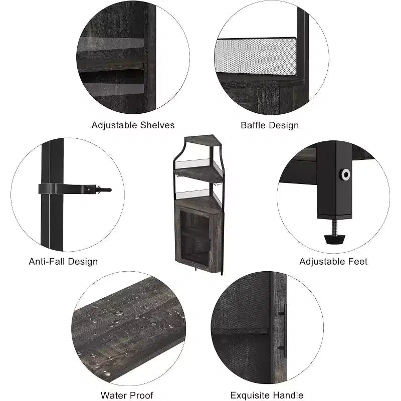 Meuble de bar d'angle CuisinSmart avec casier à vin amovible, meuble de bar avec porte-verres, petit buffet et armoire de rangement avec porte grillagée
