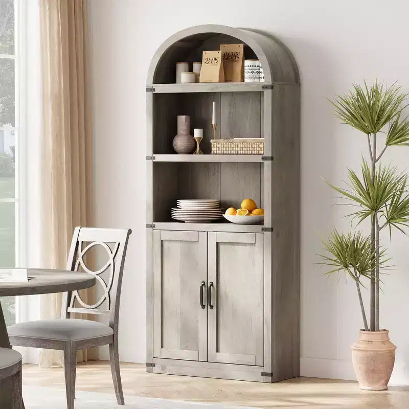 Bibliothèque GustoWave avec portes, étagère arquée de 182 cm de haut, meuble de rangement de style ferme avec étagères, bibliothèques en bois pour bureau à domicile