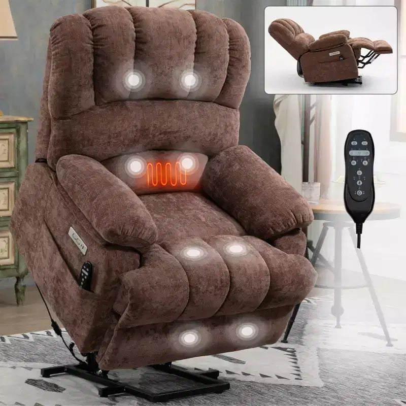 CLIHOME Fauteuil inclinable électrique releveur en chenille grande taille, largeur d'assise 23 pouces et dossier haut, avec massage vibrant 8 points et chauffage lombaire
