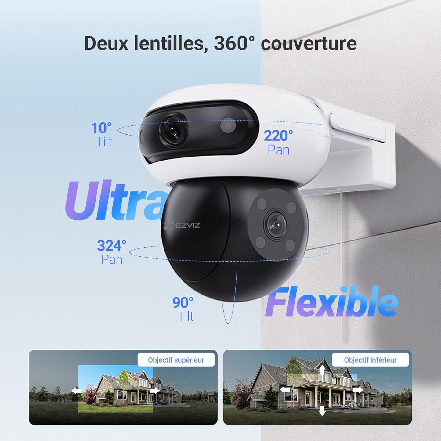 EZVIZ 8MP(4MP+4MP) Camera Surveillance WiFi Exterieure sans Fil à Double Objectif Motorisé, Camera Exterieur Solaire, Mode Always-on, Détection de Personne/Véhicule, CB90 Dual+8W Panneau Solaire