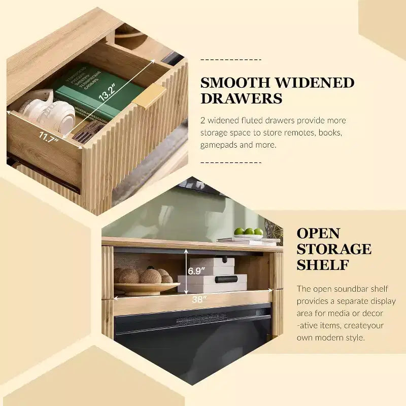 Meuble TV de cheminée cannelé de 70 po pour téléviseurs de 80 po, centre de divertissement moderne avec cheminée électrique de 36 po, console TV multimédia en bois avec rangement