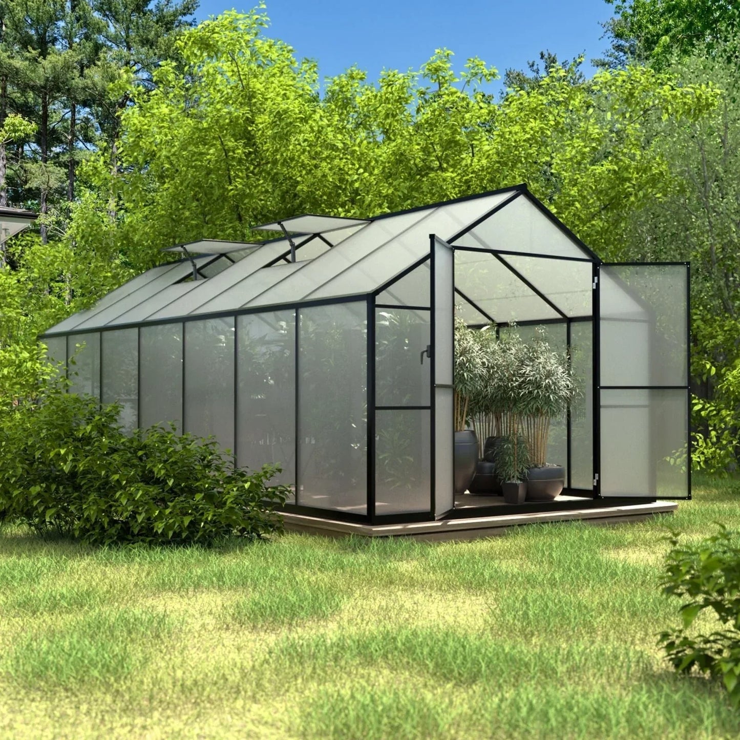 Serre de jardin aluminium VEIKOUS avec évent de toit réglable et porte verrouillable Grise