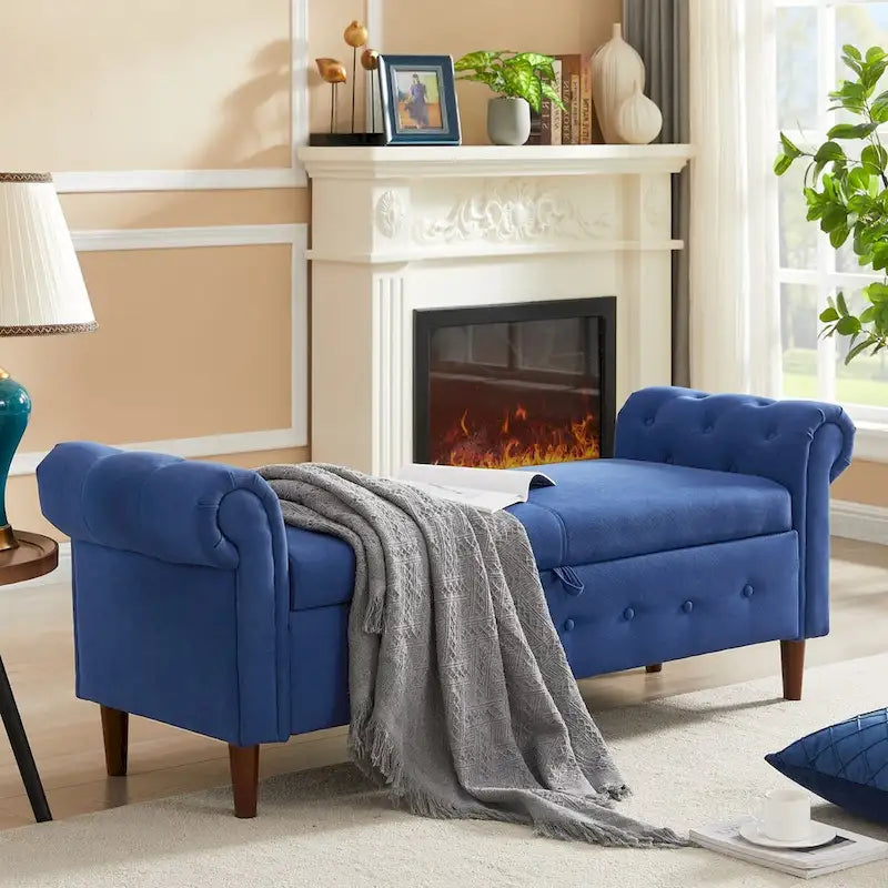 Banc de rangement pour chambre, bout de lit, accoudoirs roulés, canapé ottoman en velours, long banc