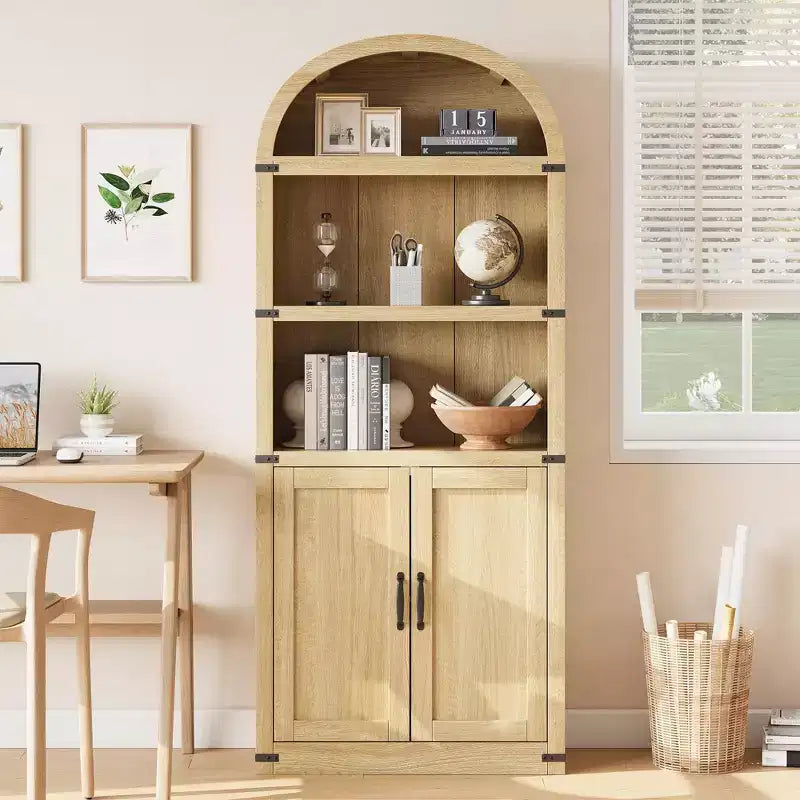 Bibliothèque GustoWave avec portes, étagère arquée de 182 cm de haut, meuble de rangement de style ferme avec étagères, bibliothèques en bois pour bureau à domicile