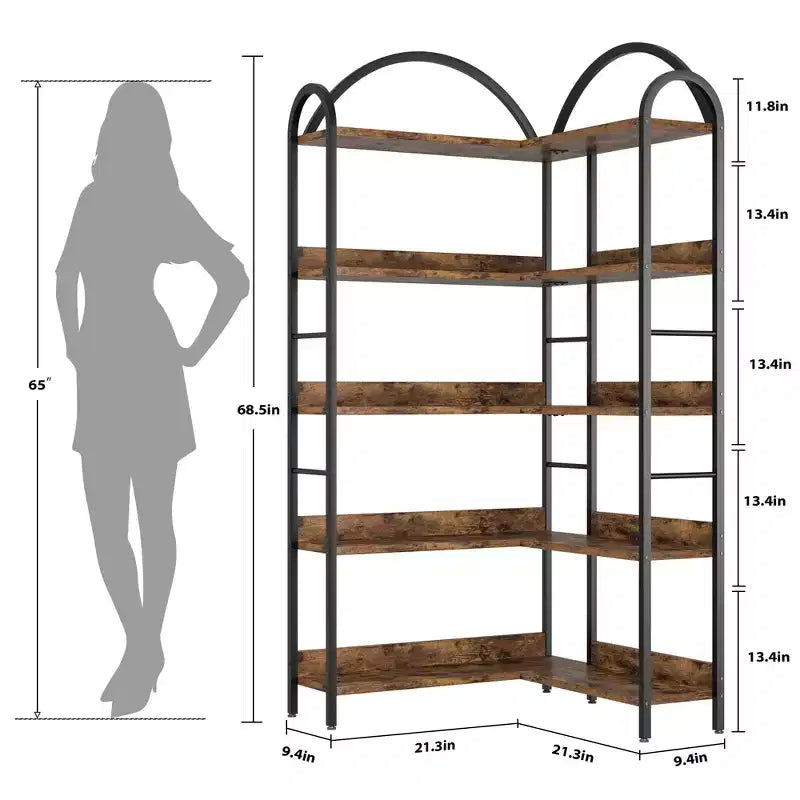 Bibliothèque d'angle à 5 niveaux, étagère industrielle en bois avec cadre en métal, étagères ouvertes de rangement pour livres pour salon, chambre à coucher, bureau à domicile
