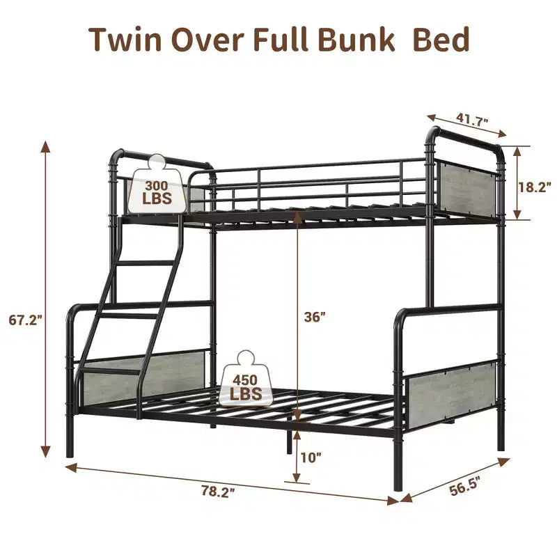 Lit superposé double avec lit inférieur double et barrière de sécurité haute, lits superposés convertibles en métal de taille double pour enfants/adolescents, montage facile, aucun sommier tapissier requis