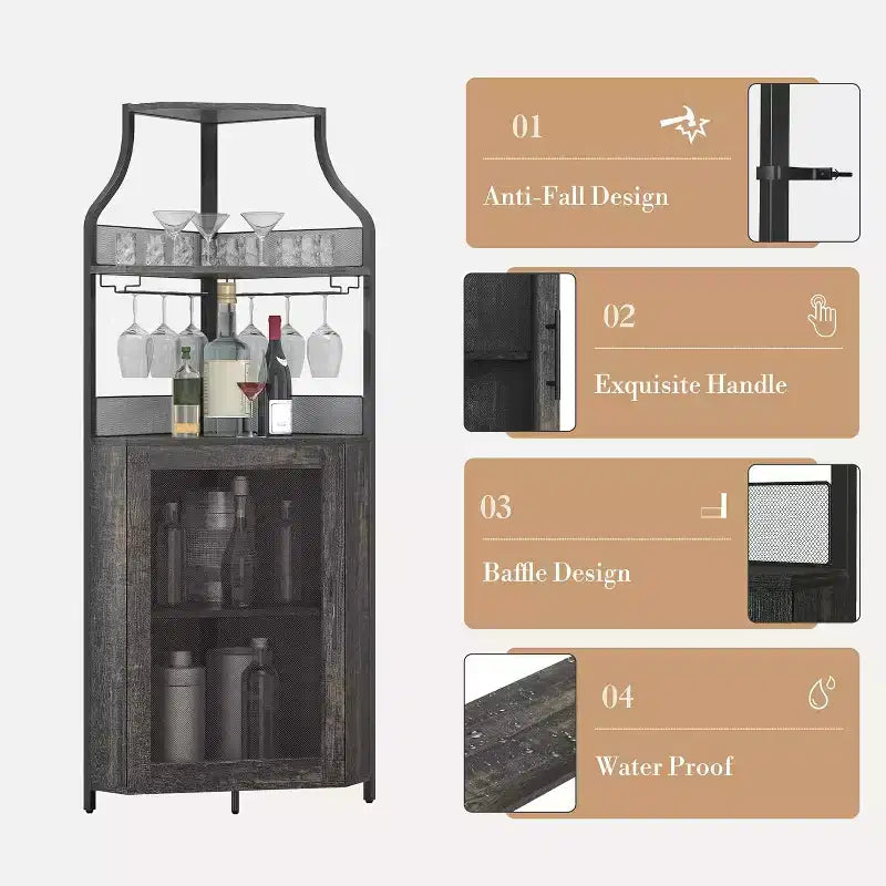 Meuble de bar d'angle CuisinSmart avec casier à vin amovible, meuble de bar avec porte-verres, petit buffet et armoire de rangement avec porte grillagée