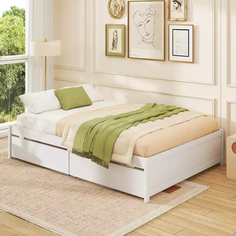 Lit plateforme en bois Costway, pleine/double, avec 2 tiroirs de rangement roulants, support à lattes en bois, naturel/blanc