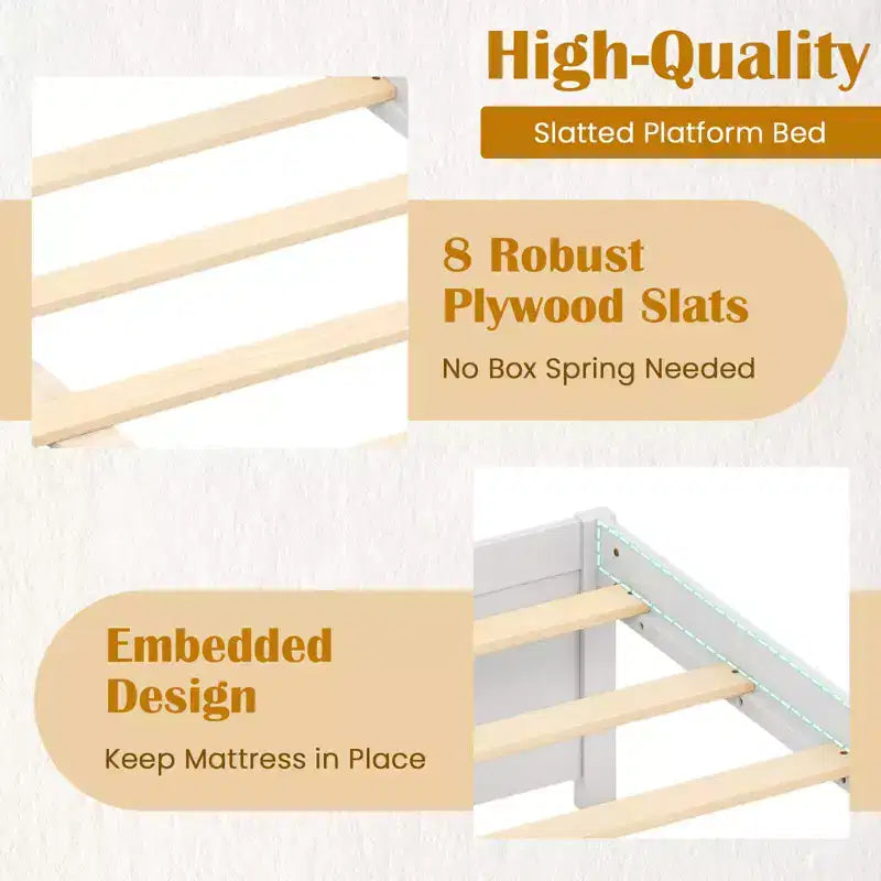 Lit plateforme en bois Costway, pleine/double, avec 2 tiroirs de rangement roulants, support à lattes en bois, naturel/blanc