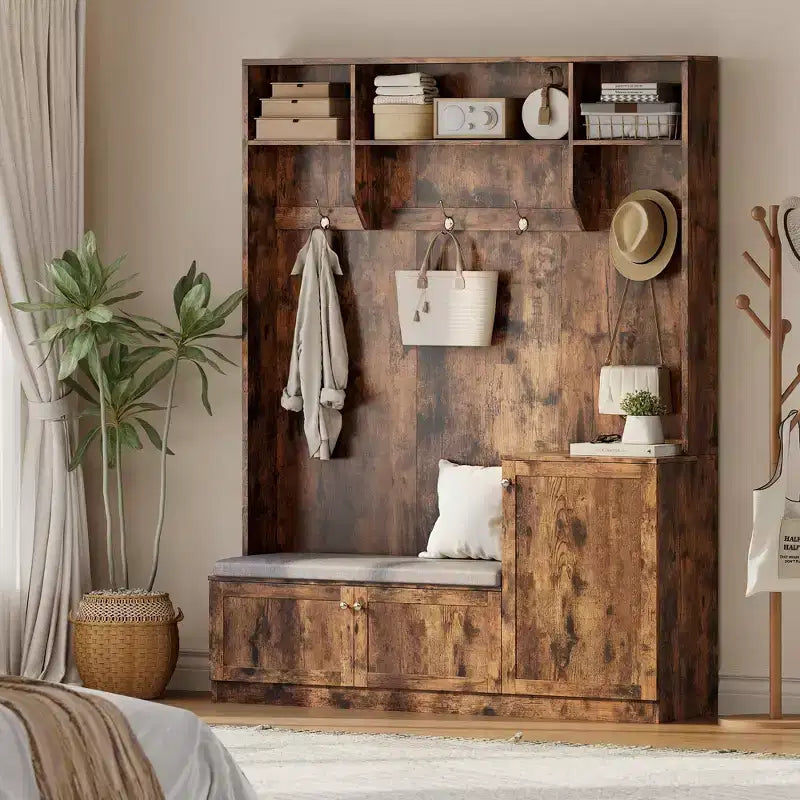 Banc et Rangement à Chaussures, Banc d'entrée de Ferme 3-en-1 avec Porte-Manteau, 4 Crochets, 4 Casiers à Chaussures et 3 Compartiments Ouverts, pour Entrée, Vestiaire