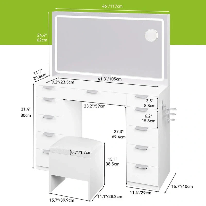 Moasis 46 Coiffeuse avec prise intégrée, miroir éclairé et support pour sèche-cheveux – 55,8 H x 46 L x 11,7 P