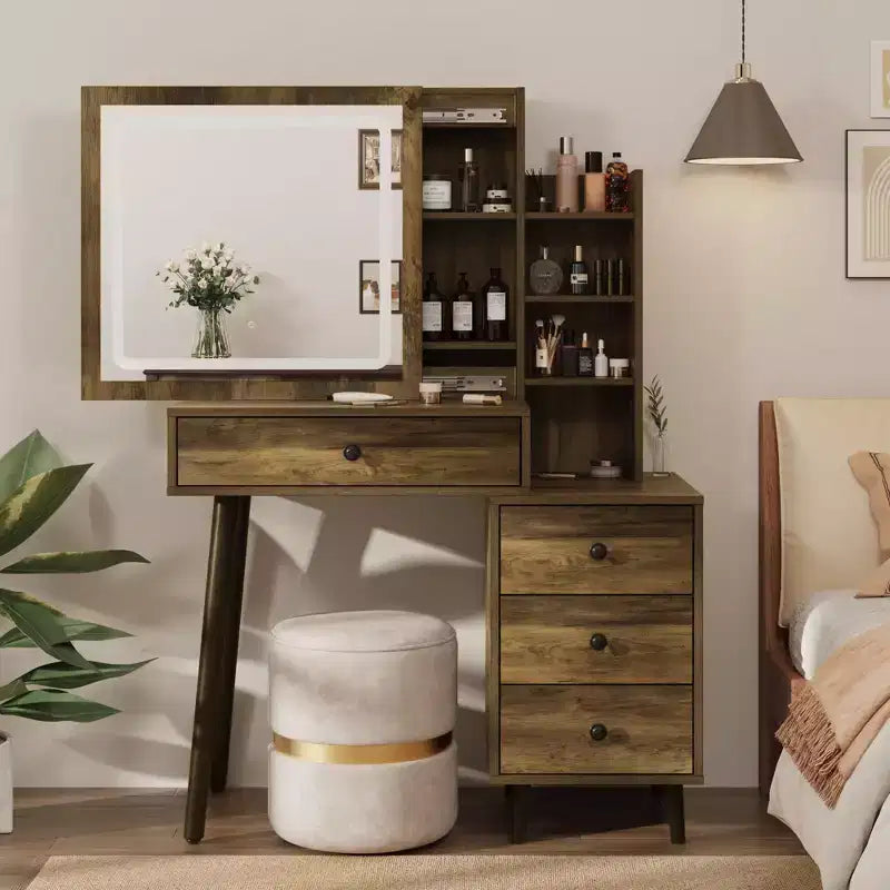Coiffeuse avec miroir lumineux, table de maquillage Hollywood 3 couleurs dimmable avec 4 tiroirs