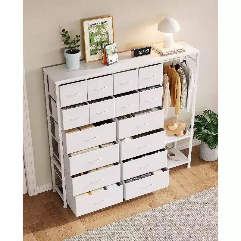 Commode de rangement avec 16 tiroirs, tringle à vêtements et étagères, organisateur de rangement en tissu pour chambre à coucher, placard ou entrée