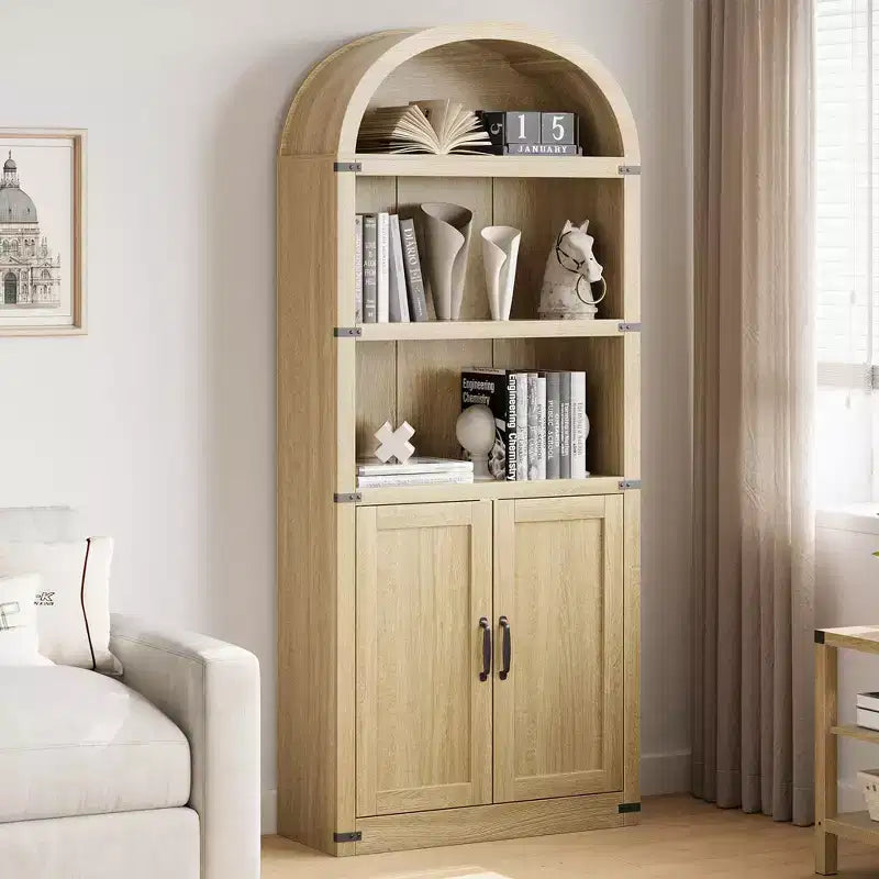 Bibliothèque GustoWave avec portes, étagère arquée de 182 cm de haut, meuble de rangement de style ferme avec étagères, bibliothèques en bois pour bureau à domicile