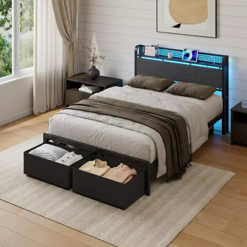 Cadre de lit plateforme pleine grandeur 2 tiroirs de rangement Tête de lit Lumières LED Station de charge Métal Bois robuste Pas besoin de sommier Chambre d'amis USB