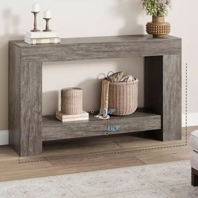 Console 2 niveaux pour salon et entrée, grande table de canapé avec rangement, table d'entrée de couloir, longue table d'entrée pour l'organisation de la décoration