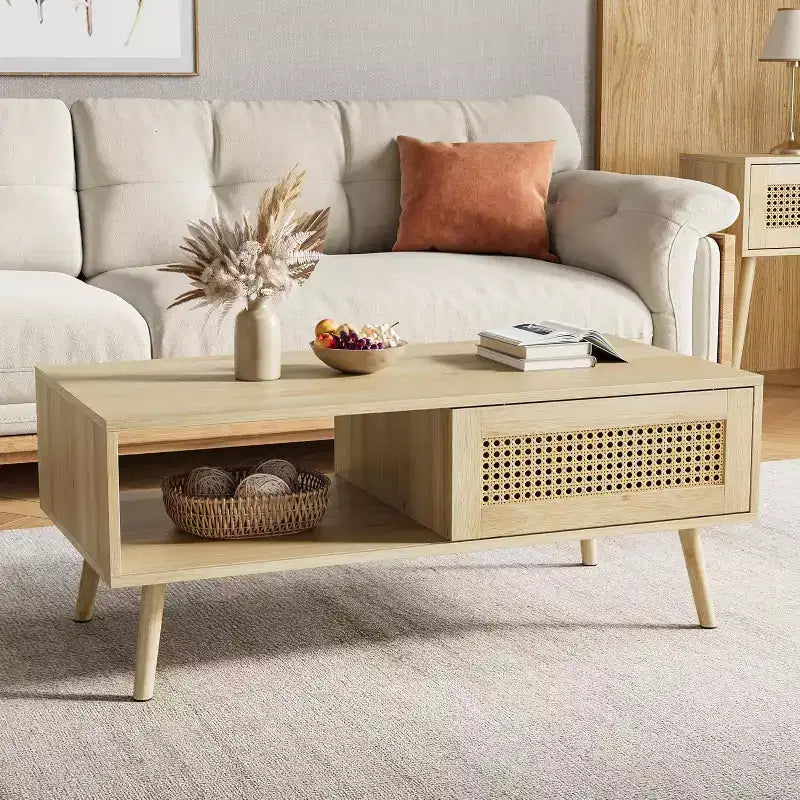 39.4 Table basse bohème en rotin, table de salon moderne en bois avec porte coulissante et étagère de rangement ouverte, patins antidérapants