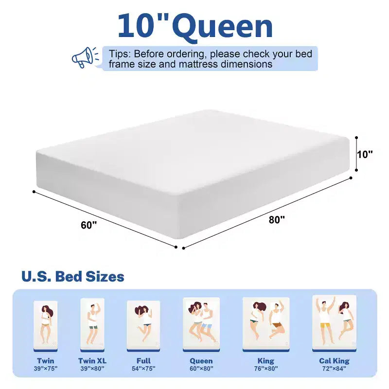 Dyonery matelas en mousse à mémoire de forme multi-tailles de 8/10 pouces d'épaisseur, housse Tencel, thé vert/gel rafraîchissant de qualité supérieure, emballé sous vide, matelas pour un sommeil profond, blanc