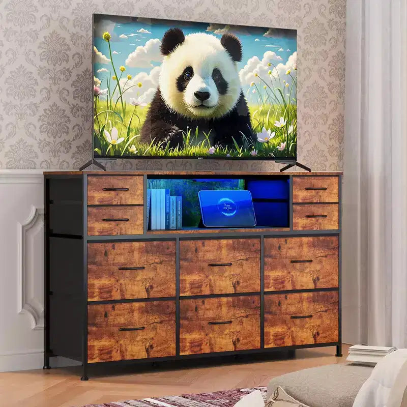 Commode de rangement à 10 tiroirs avec support TV, bande lumineuse LED et prises électriques, commode en tissu avec plateau en bois, meuble TV pour téléviseur de 55 pouces, commode de rangement