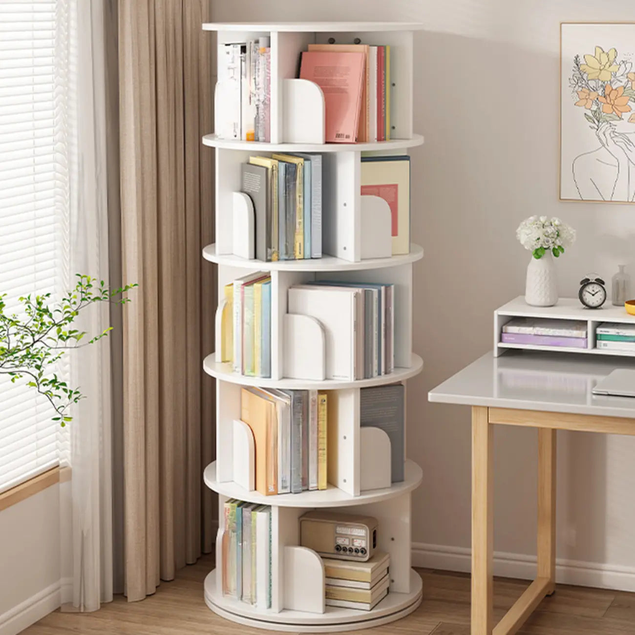 Bibliothèque cylindrique en bois brun à dos ouvert et rotative