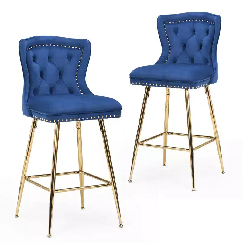 PexFix Lot de 2 tabourets de bar en velours, hauteur comptoir, pieds en métal, dossier ailé capitonné avec boutons et clous décoratifs, couleur bleue