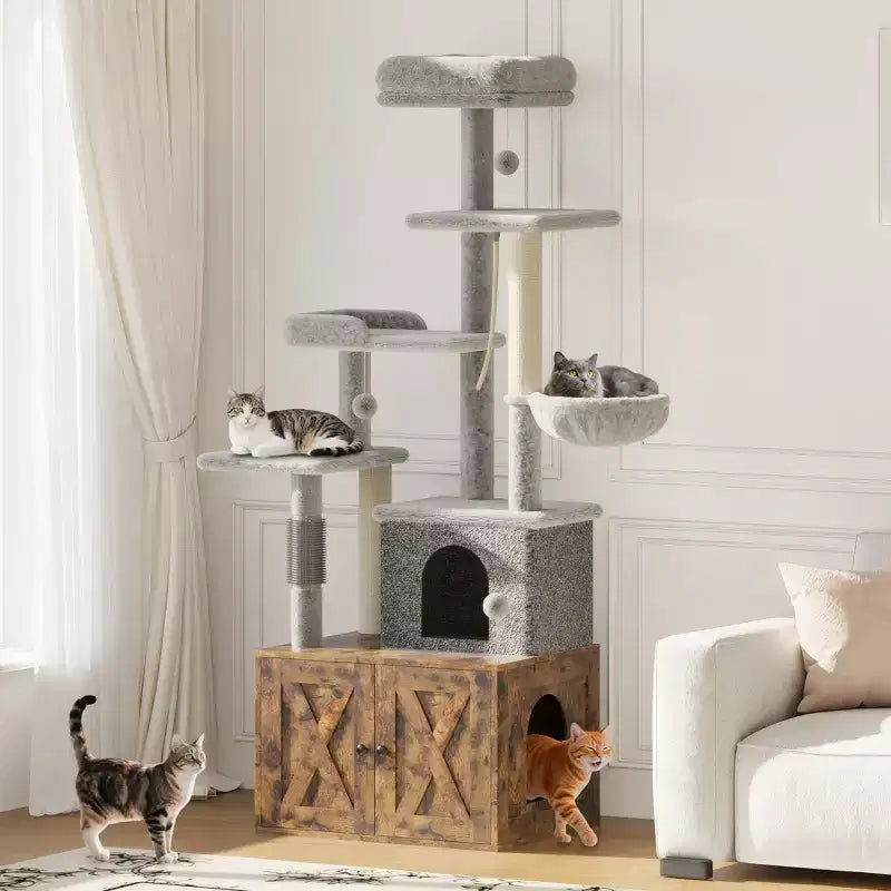 Arbre à chat et tour d'activité moderne 2-en-1 avec cache-litière, meuble pour chat tout-en-un, maison en bois avec espace litière caché pour chaton, avec hamac et poteaux à griffer