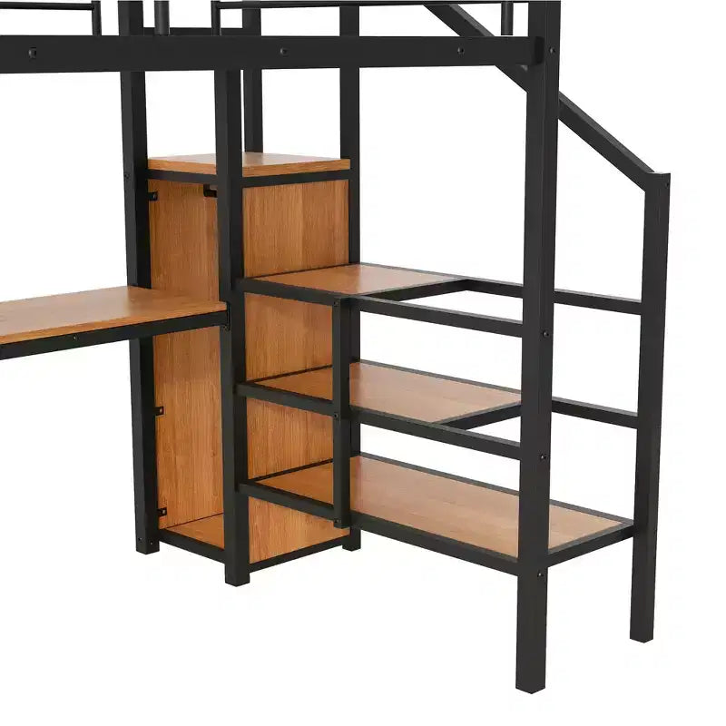 Okak Lit superposé en métal grandeur nature avec bureau et escalier de rangement et barrière de sécurité Lit mezzanine avec petite armoire et LED pour enfants adolescents Assemblage facile