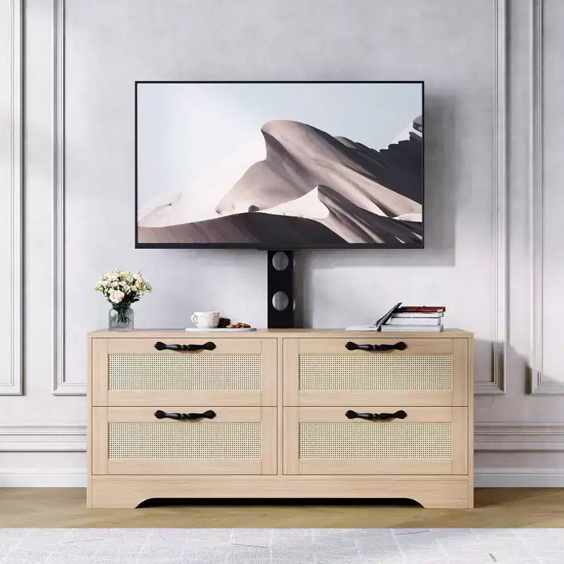 Meuble TV bahut de style campagnard pour téléviseurs jusqu'à 70'', 4 tiroirs, portes en rotin, meuble de rangement en bois, console média pour chambre ou salon