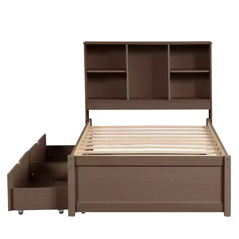 Bellemave Lit plateforme jumeau avec tête de lit bibliothèque et 2 tiroirs de rangement, lit plateforme en panneau de particules avec port de chargement USB