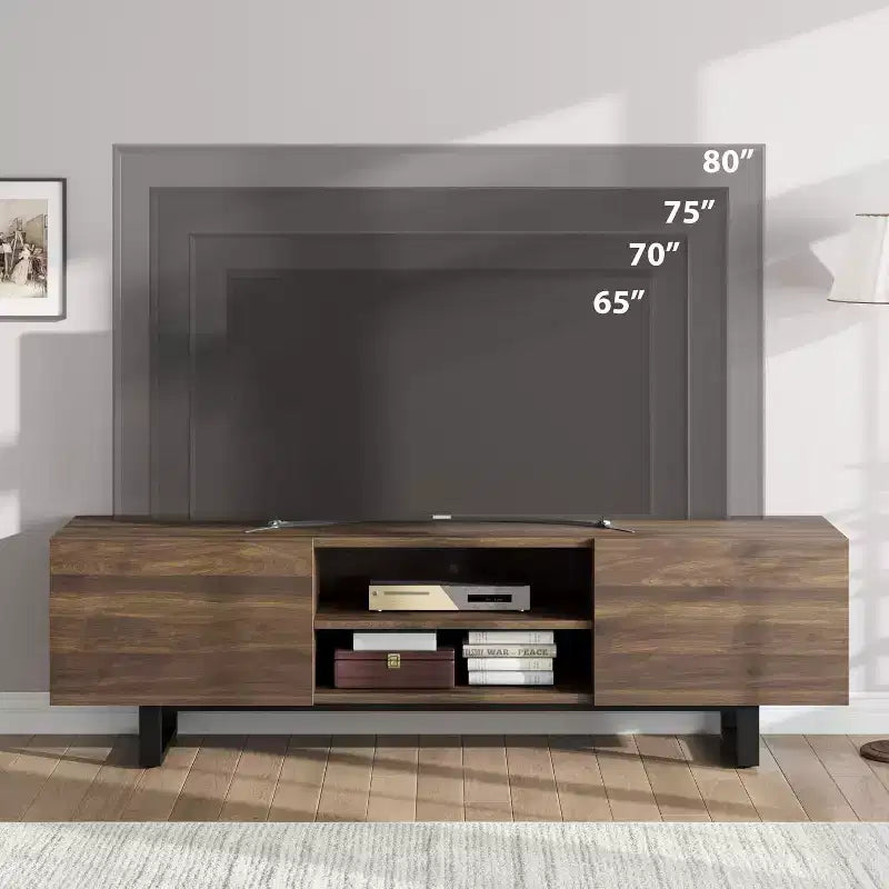 Meuble TV industriel de 75 pouces avec 2 tiroirs, console média en bois robuste pour salon et chambre à coucher