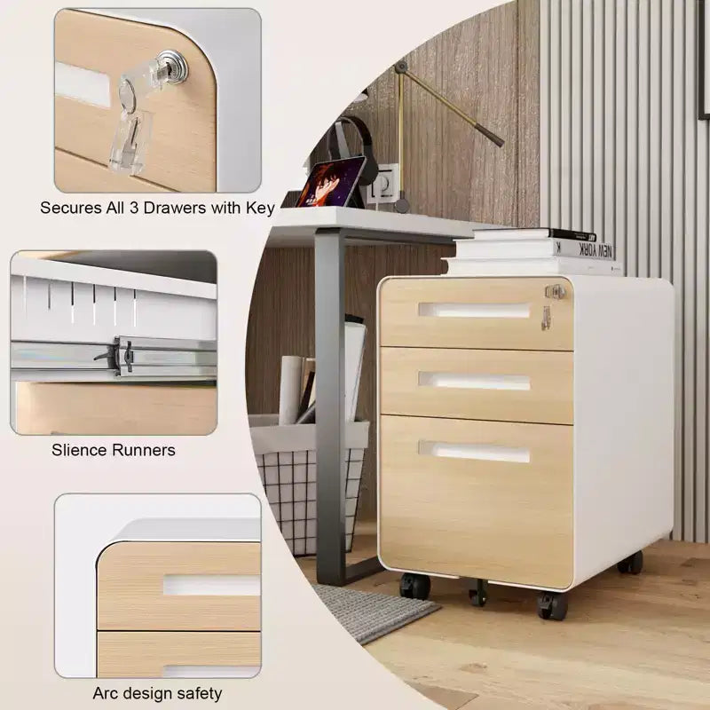 Meuble Classeur Mobile à 3 Tiroirs avec Serrure C Entièrement Assemblé Rangement Sous-Bureau pour Dossiers A4/Lettre/Légal, Conception en Métal Roulant à 5 Roues