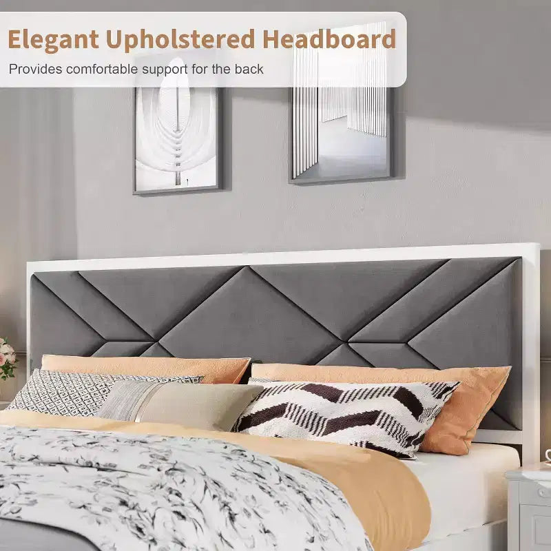 Cadre de lit tapissé GustoWave double/grand lit/très grand lit pour chambre à coucher, tête de lit moelleuse à capitonnage, support à lattes en bois, blanc