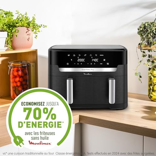 Moulinex air fryer deux compartiments, très grande capacité 11L, 10 personnes, 7 Programmes automatiques, friteuse sans huile, Ecran tactile digital, Dual inox, EZ942BF0, Gris foncé : Cuisine et Maison