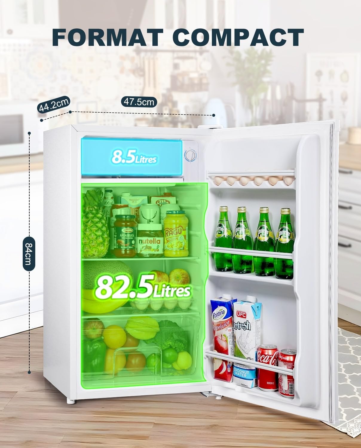 Upstreman Petit Frigo avec Congélateur de 91L, Bac à Légumes, Thermostat Réglable, Silencieux, Petit Frigo de Bureau, Porte Réversible, Réfrigérateur