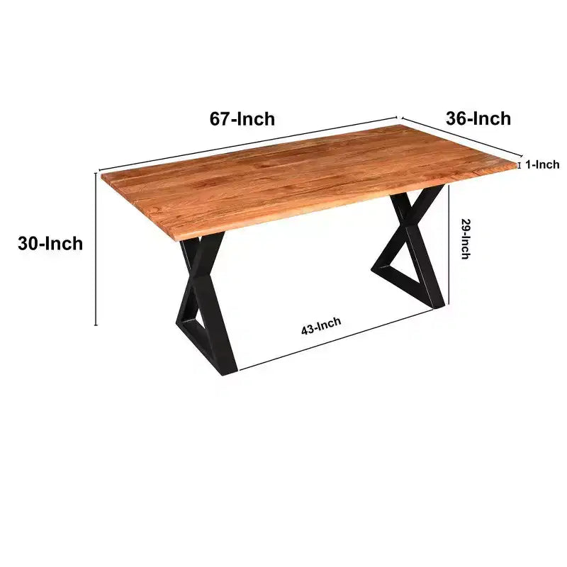 Table à manger rectangulaire Royal Hampton de 67 pouces avec pieds en métal croisés et plateau en bois d'acacia aspect bois naturel