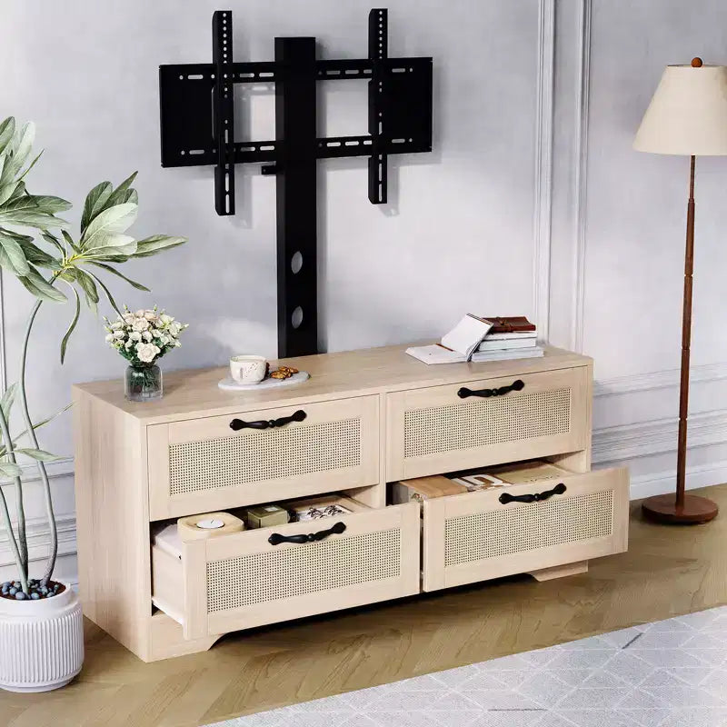 Meuble TV bahut de style campagnard pour téléviseurs jusqu'à 70'', 4 tiroirs, portes en rotin, meuble de rangement en bois, console média pour chambre ou salon