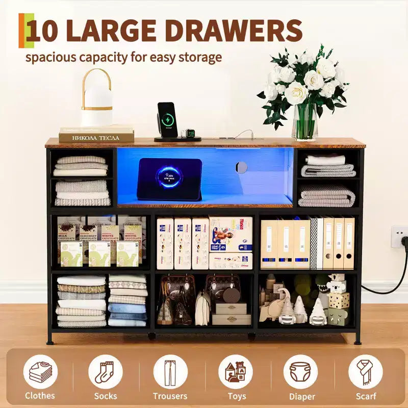 Commode de rangement à 10 tiroirs avec support TV, bande lumineuse LED et prises électriques, commode en tissu avec plateau en bois, meuble TV pour téléviseur de 55 pouces, commode de rangement