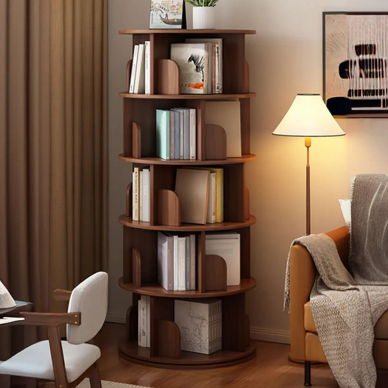 Bibliothèque cylindrique en bois brun à dos ouvert et rotative