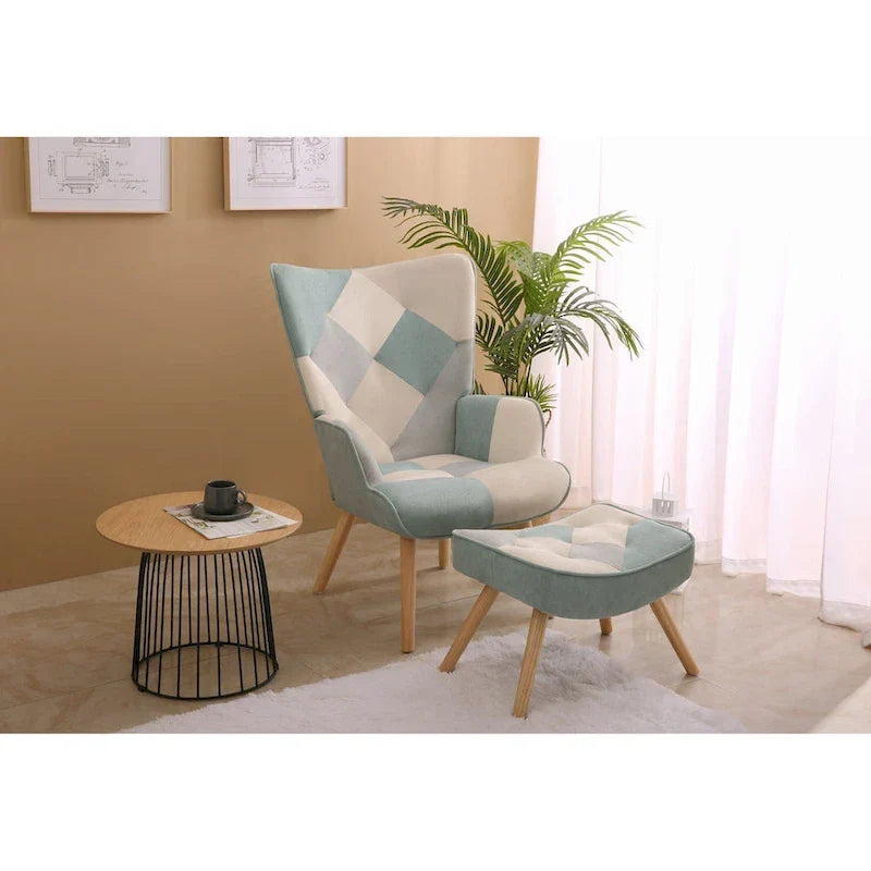 Fauteuil d'appoint avec pouf, ensemble fauteuil et pouf de salon, fauteuil d'appoint confortable pour chambre à coucher, surface en tissu à épissures créatives