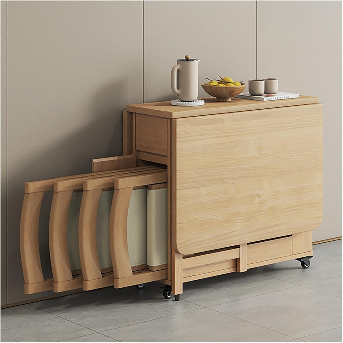 Table à manger pliante avec chaises, table à abattant rétractable en bois massif avec tiroir de rangement, extensible
