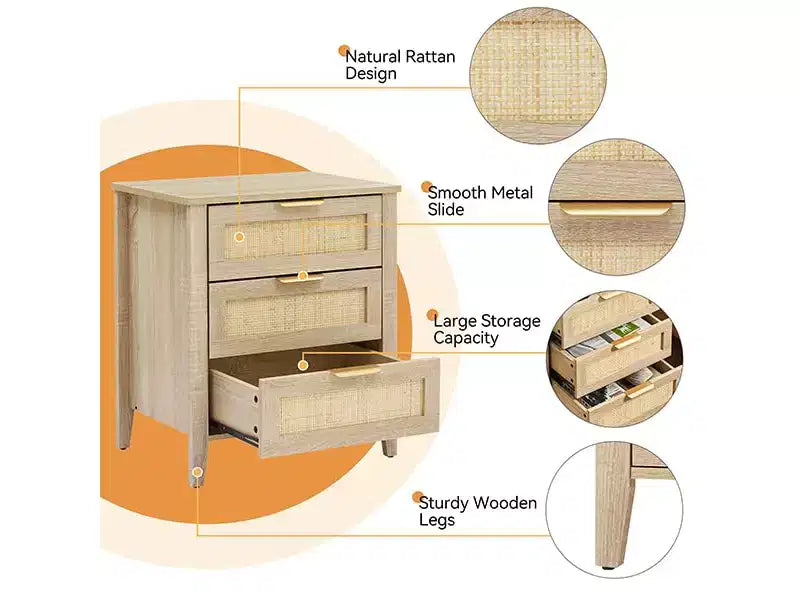 Table de chevet en rotin, Table de chevet avec 3 tiroirs en rotin naturel, Table de chevet avec pieds en bois robustes, Table d'appoint moderne avec tiroirs de rangement