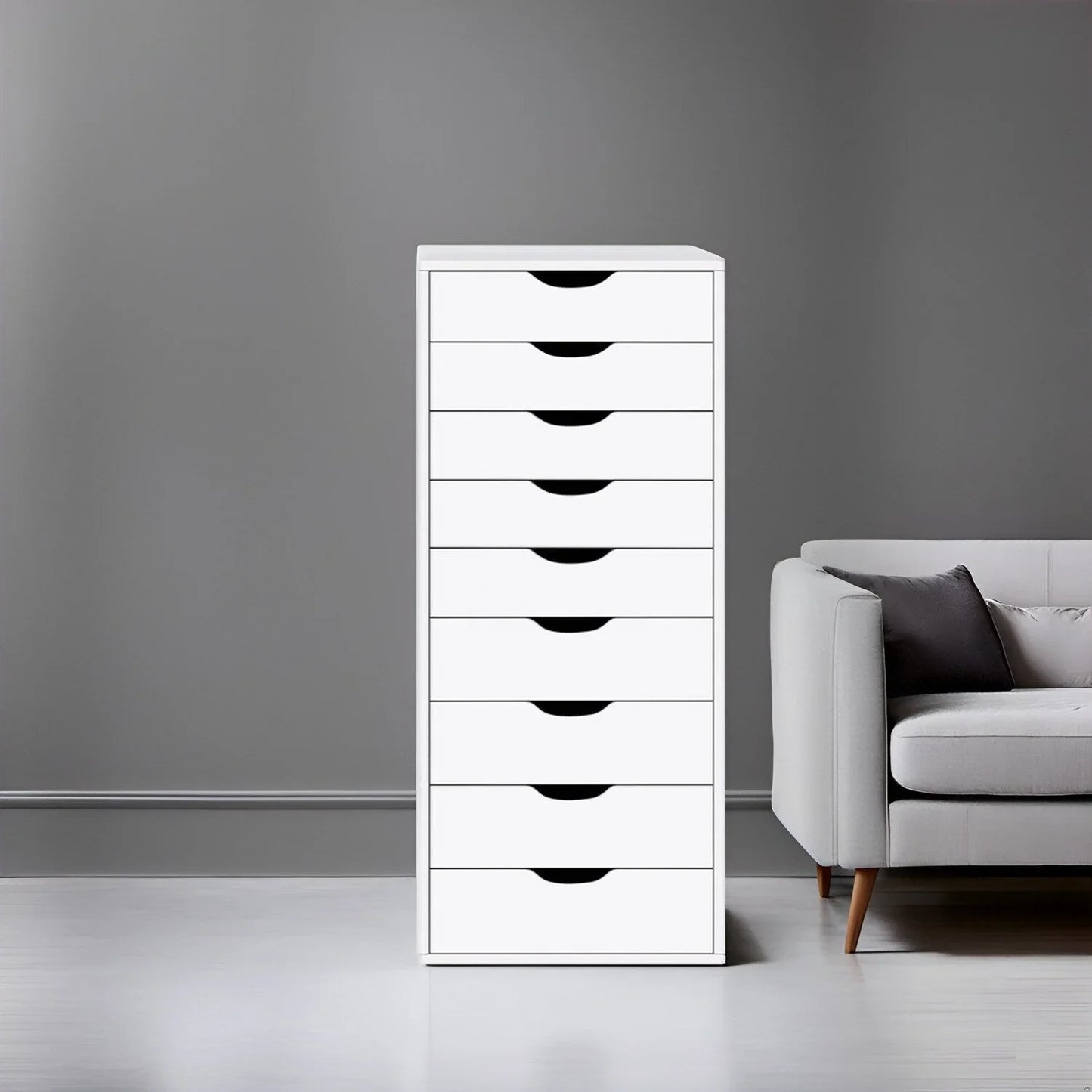 Étroite commode en bois à 9 tiroirs coulissants et étagère de rangement supérieure