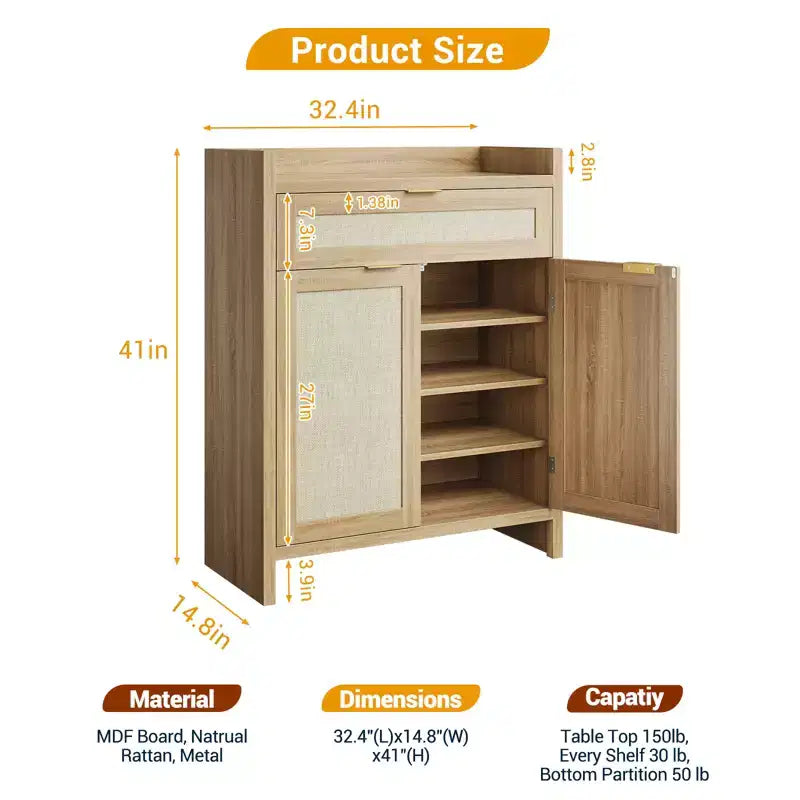 Meuble à chaussures en rotin avec tiroir, Organisateur de rangement pour chaussures haut à 6 niveaux, Meuble de ferme en bois bohème avec 2 portes pour entrée, couloir