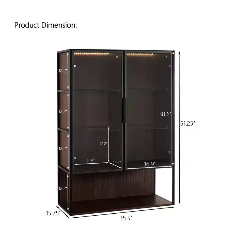 CLIHOME Vitrine haute lumineuse de 130 cm avec porte en verre trempé et cadre en métal, meuble de curiosités à LED
