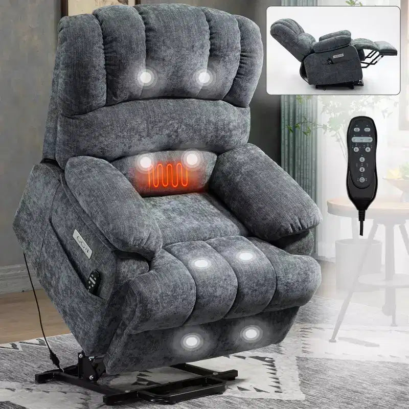 CLIHOME Fauteuil inclinable électrique releveur en chenille grande taille, largeur d'assise 23 pouces et dossier haut, avec massage vibrant 8 points et chauffage lombaire