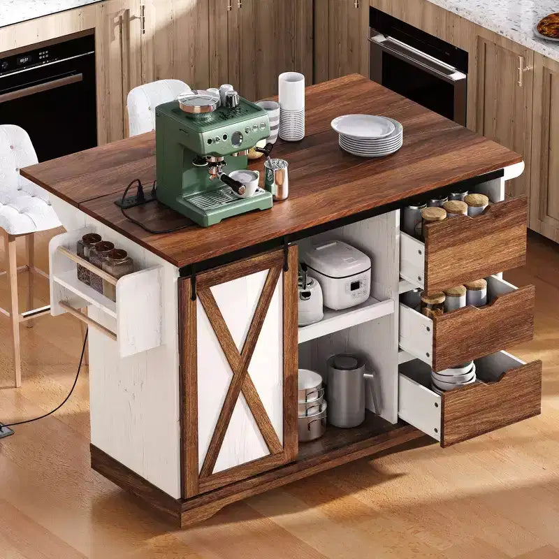 Îlot de cuisine de ferme Whisen 55.5 avec abattant, porte coulissante et station de recharge, design roulant