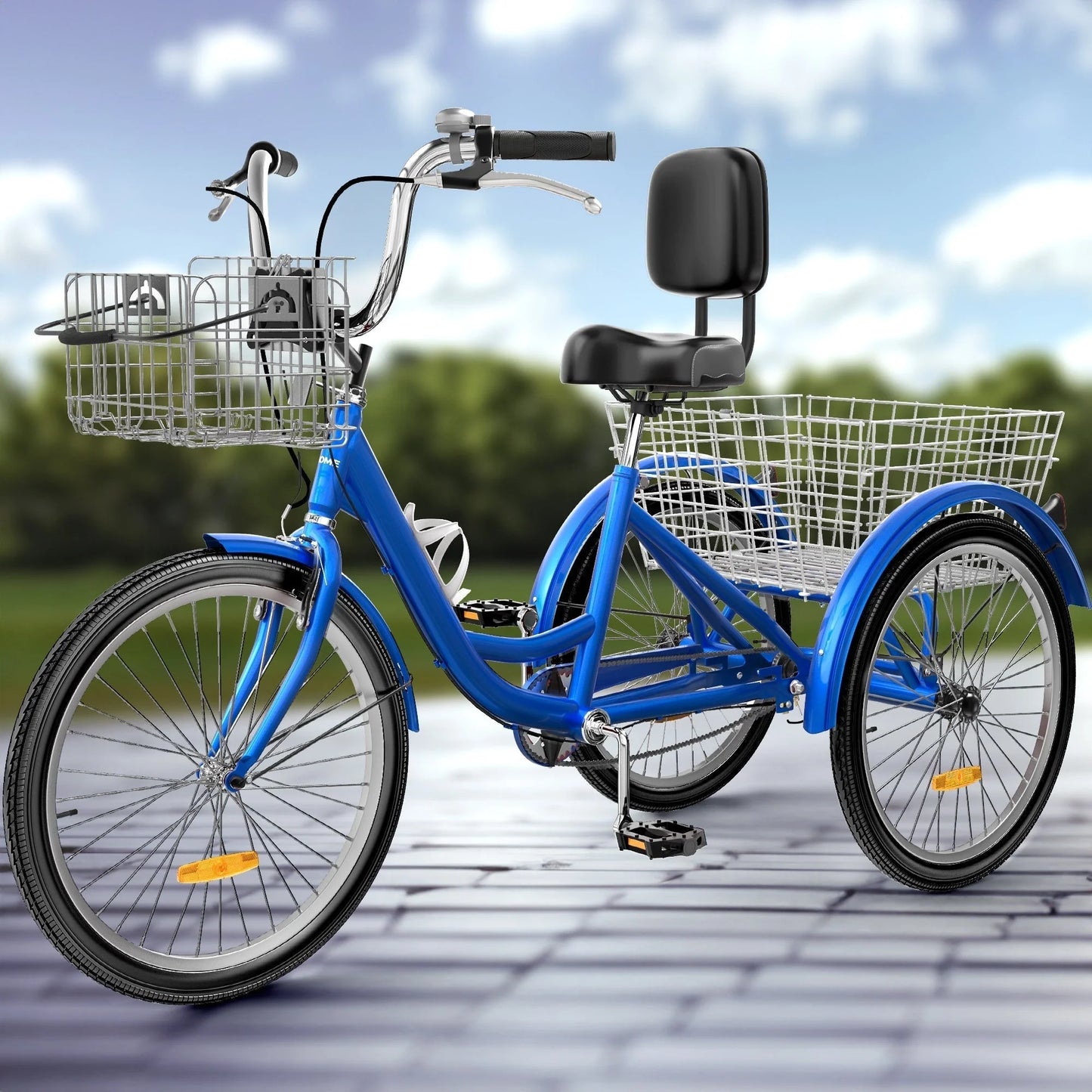 Tricycle adulte bleu 26 pouces à 3 roues avec paniers amovibles